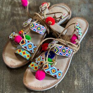 Chinese Laundry Bohemia Tribal Beaded Pom Pom Tassel  Gladiator Sandals Size 9.5